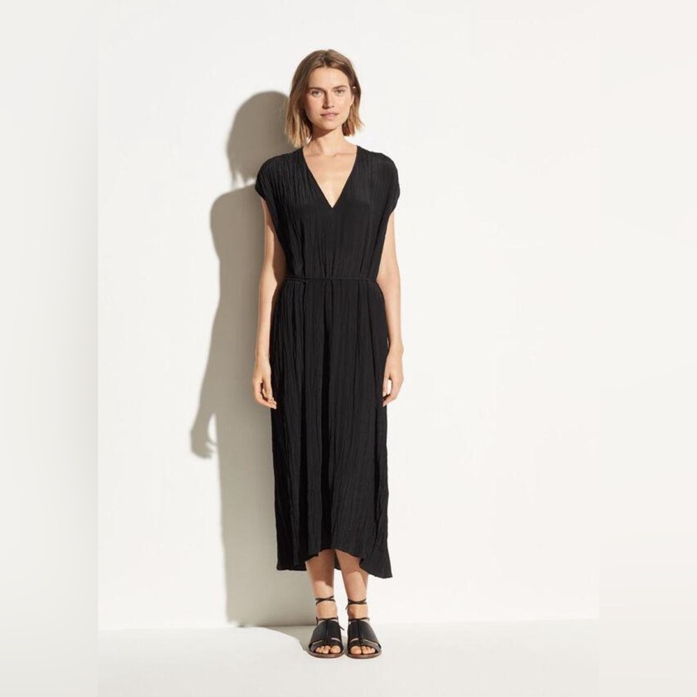 NWT $395 Vince Crinkle Pleat V-Neck Dress Black Sz XXS